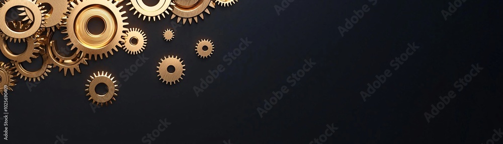 Poster a vertical arrangement of golden gears cascading downward, symbolizing the flow of time. the dark, g