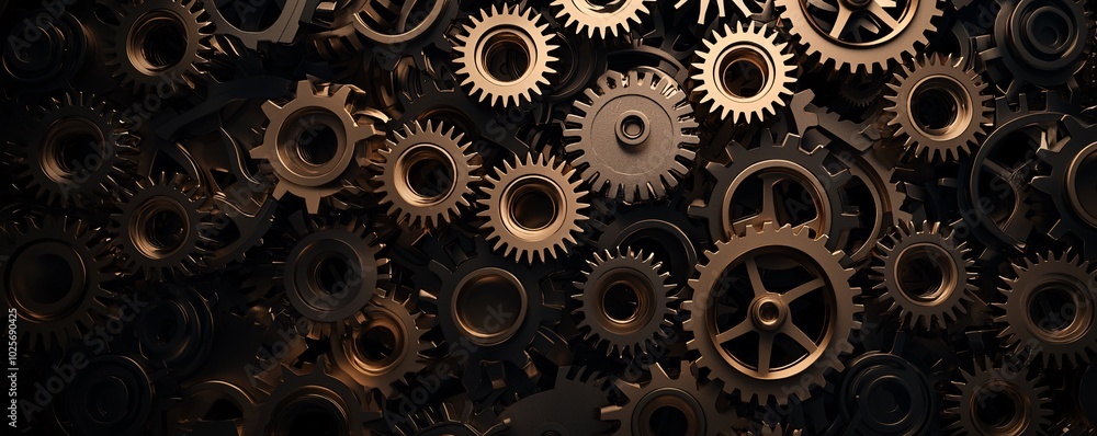 Poster a wide composition of multiple golden gears turning in unison, representing the complexity of timeke