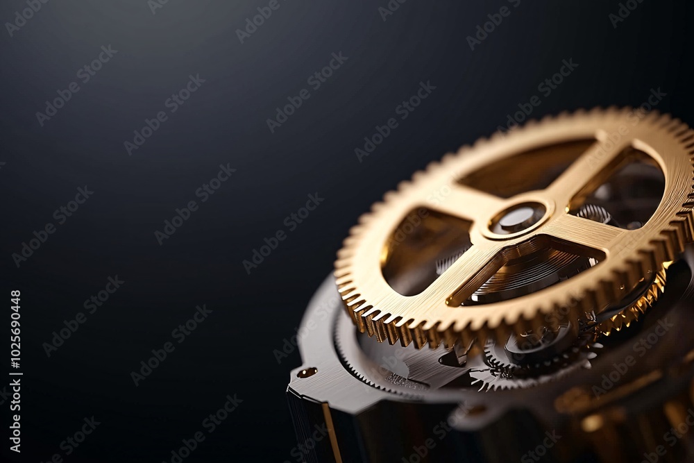 Poster a close-up of a golden gear slowly rotating within a clockwork mechanism, symbolizing the continuous