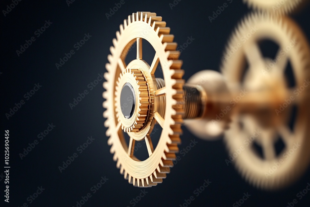 Poster a close-up of a golden gear slowly rotating within a clockwork mechanism, symbolizing the continuous