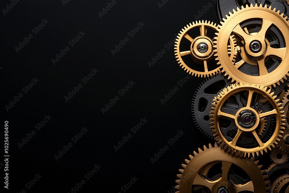 Poster a close-up of a golden gear slowly rotating within a clockwork mechanism, symbolizing the continuous