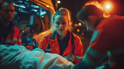 EMT first responders providing trauma care to victims of a major accident, working efficiently under pressure to ensure rapid treatment and evacuation