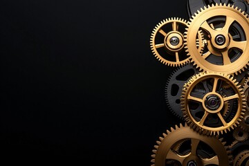 A close-up of a golden gear slowly rotating within a clockwork mechanism, symbolizing the continuous movement of time. The background fades to black, offering ample copy space.