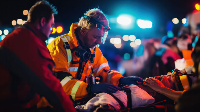 EMTs conducting triage and emergency care at the site of a mass casualty event, working with rescue teams to save as many lives as possible