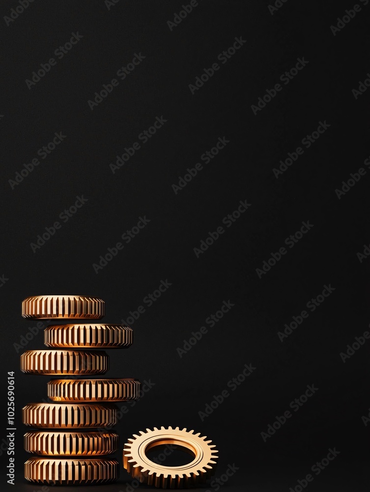 Poster a vertical shot of golden gears stacked atop one another, rotating in perfect synchronization. the d