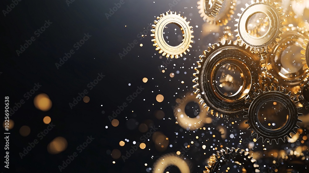 Poster a wide shot of multiple golden gears working together, representing the intricate nature of time and