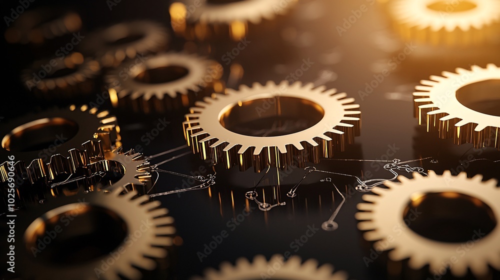 Poster a wide shot of multiple golden gears working together, representing the intricate nature of time and