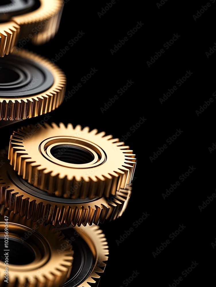 Poster a vertical shot of golden gears stacked atop one another, rotating in perfect synchronization. the d