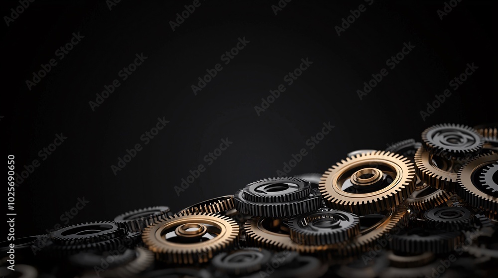 Poster a wide shot of multiple golden gears working together, representing the intricate nature of time and