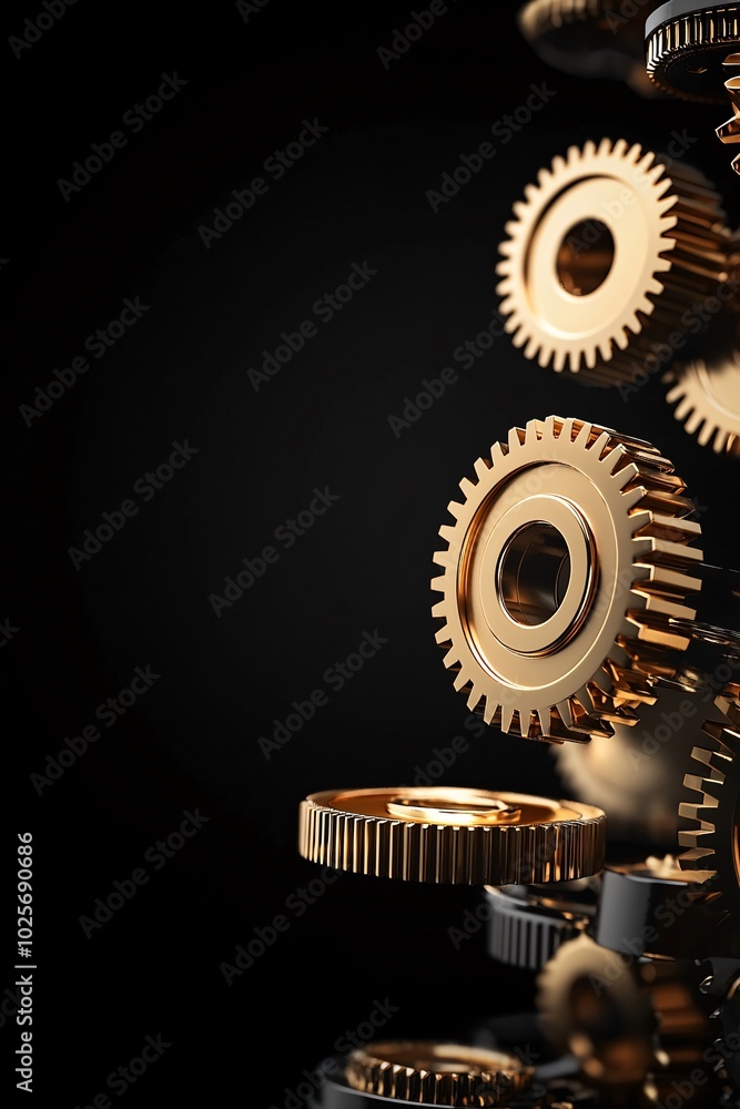 Poster a dynamic image of golden gears interlocking as they turn, capturing the essence of time in motion. 
