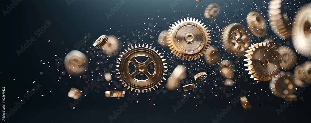 Poster an abstract composition featuring golden gears suspended in mid-air, with a focus on time and mechan