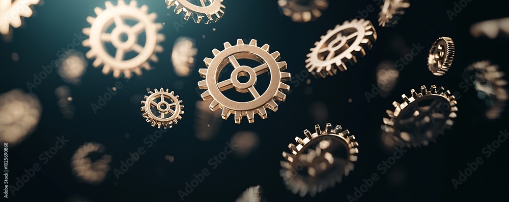 Poster an abstract composition featuring golden gears suspended in mid-air, with a focus on time and mechan