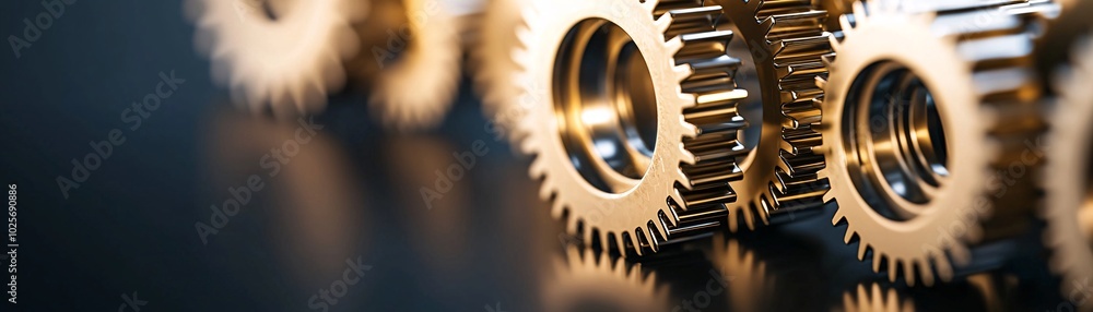 Poster a close-up of golden gears turning in perfect harmony, set against a dark, minimalistic background. 
