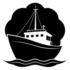 Minimalist boat on waves silhouette icon vector design, perfect for nautical or marine-themed projects. Ideal for logos, graphic illustrations, and stylish, modern designs related to sea and boating.