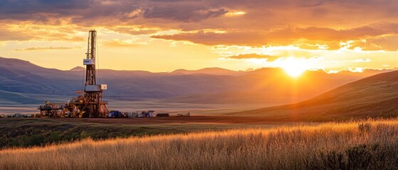 Oil Drilling Rig Against Beautiful Sunrise in Remote Area