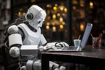 A sleek, humanoid robot in a dark room, neon lights reflecting on its metallic surface, typing on a futuristic laptop with glowing keys.