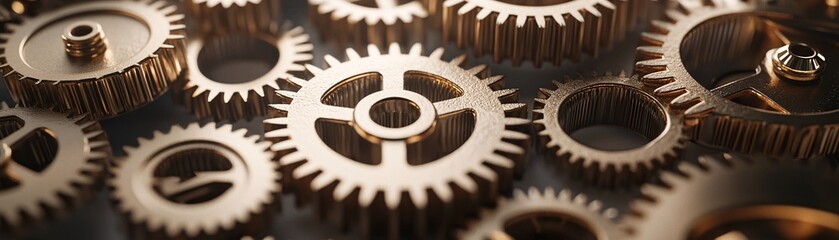 Golden Gears of Time, close-up of ancient golden clock gears, detailed textures, worn but functional, deep shadows and highlights