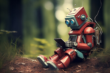 A sleek, humanoid robot in a dark room, neon lights reflecting on its metallic surface, typing on a futuristic laptop with glowing keys.