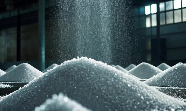 A close-up of sugar granules forming mounds, illuminated by shimmering light.