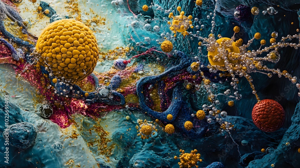 Poster 12. an intricate view of a cell membrane with receptors and molecules interacting