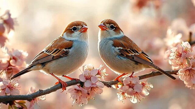 Two Sparrows Perched on a Blossoming Branch