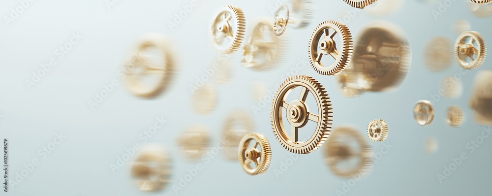 Poster golden gears of time, deconstructed golden clock, floating gears in a void, minimalist style, emphas