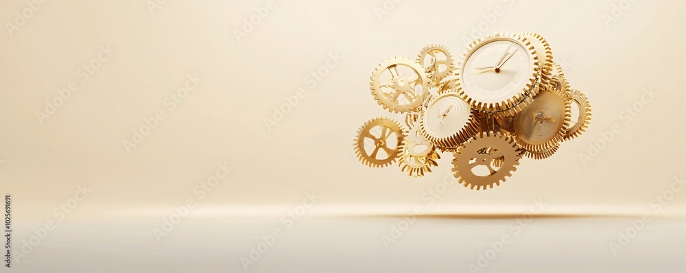 Poster golden gears of time, deconstructed golden clock, floating gears in a void, minimalist style, emphas