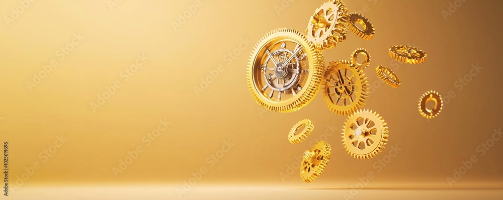 Poster golden gears of time, deconstructed golden clock, floating gears in a void, minimalist style, emphas