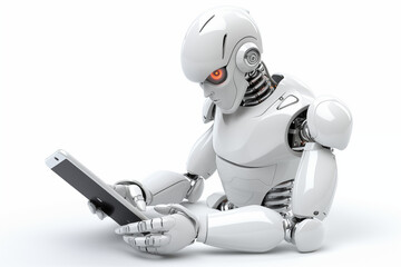 A sleek, humanoid robot in a dark room, neon lights reflecting on its metallic surface, typing on a futuristic laptop with glowing keys.