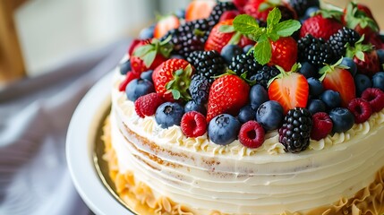 A beautiful cake with fresh fruit on top