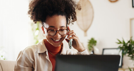 Laptop, phone call and happy woman at desk in home office for communication, schedule plan or...