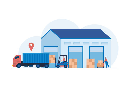 Commercial Truck for Regional Transportation Solutions with Forklift Loading Pallets in Distribution Center. Efficient Cargo Handling and Distribution.