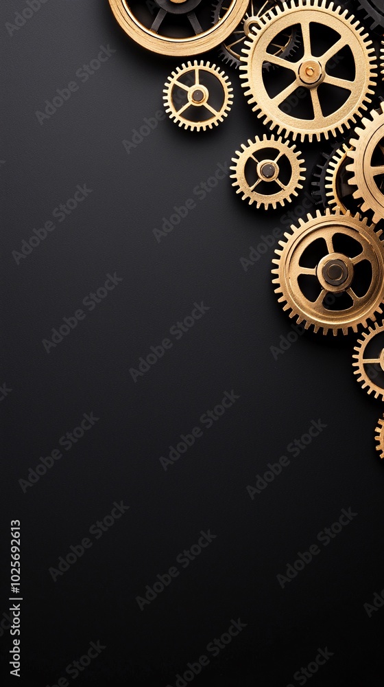 Poster a vertical composition featuring golden gears aligned in perfect harmony, emphasizing the concept of