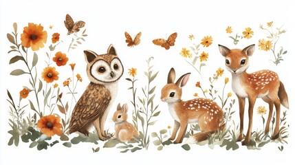 Fototapeta premium Whimsical Animals on White Background with Flowers Background