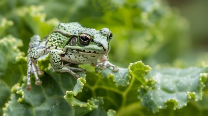 Obraz premium A close up of a tiny green frog sitting on a kale leaf about to eat a stink bug