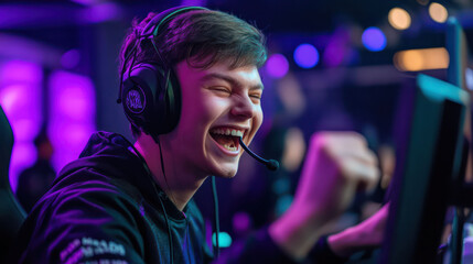 Streamer celebrating with fans after a major win, showcasing their gaming setup, and interacting through real-time feedback from viewers