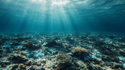 Fototapeta premium Underwater Ocean Floor Covered in Plastic Waste and Coral