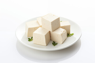 A cubes, block of fresh tofu centered on a pristine white background, with subtle natural shadows, highlighting its smooth texture and purity.