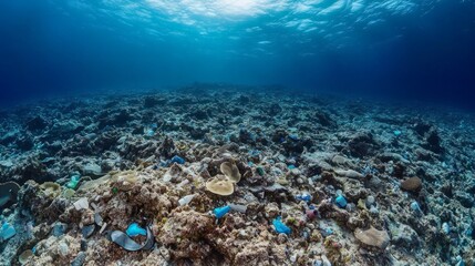 Fototapeta premium Underwater Coral Reef Covered in Plastic Pollution