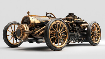 Steampunk vehicle design with brass wheels, steam-powered engine, and futuristic tech integrated...