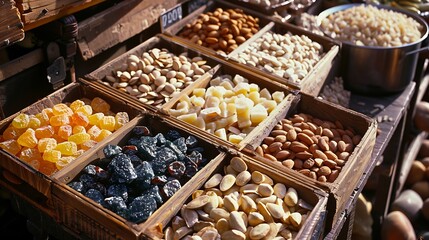 a detail of compartments of crystalized fruit and nuts on a market stall in also to one side is a pot of blanched almonds
