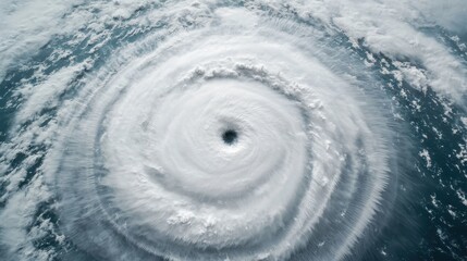 Aerial view of powerful hurricane swirling over ocean waters.