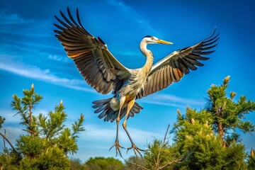 Majestic Bird Spreading Wings and Taking Flight Against a Clear Blue Sky in Natural Habitat