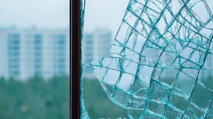 Broken window with shattered glass against a blurred city background.