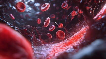 Fototapeta premium 1. A vibrant 3D representation of red blood cells flowing through a blood vessel