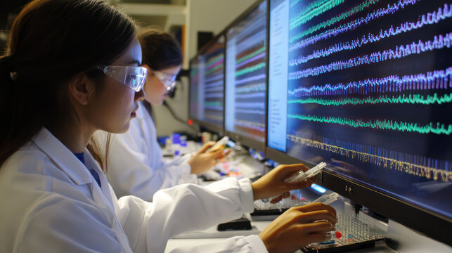 Researchers analyzing genetic sequences on large screens, utilizing bioinformatics tools to map and edit genomes in a sterile laboratory environment