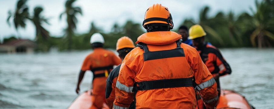 Rescue workers navigating floodwaters in safety gear, assisting communities in distress.