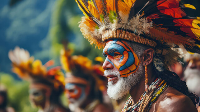 Remote tribe members engaging in a cultural festival, speaking their unique language during ceremonies and dances in a stunning natural landscape