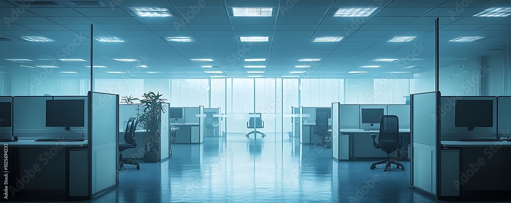 Poster empty office cubicles with computers and chairs, overlooking a city skyline.