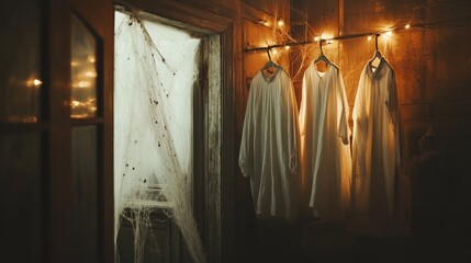An empty scene featuring classic ghost costumes hanging on hooks in a dark, haunted corner filled with cobwebs and flickering lights,